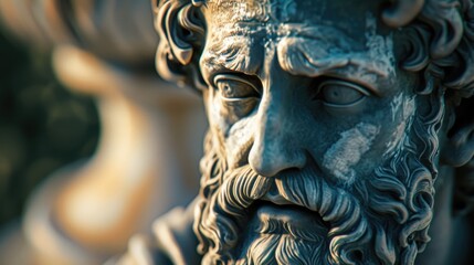 A close-up photograph of a statue depicting a man with a beard. This image can be used to represent wisdom, masculinity, or historical significance