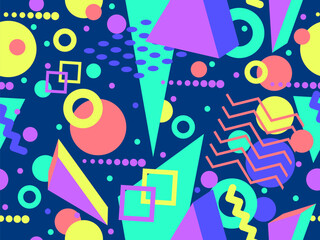 Memphis seamless pattern with geometric shapes in 80s and 90s style. Geometric shapes of different shapes and colors. Design of promotional products, wrapping paper and printing. Vector illustration