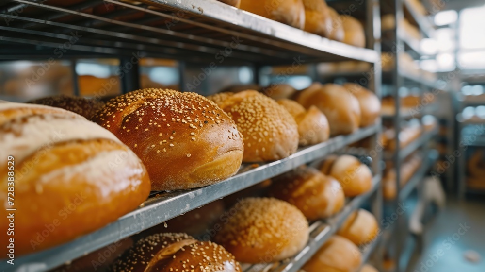 Poster a collection of various types of buns displayed on a rack in a bakery. perfect for illustrating the 