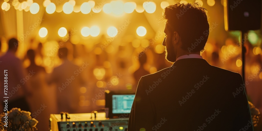 Poster a man standing confidently in front of a large crowd. suitable for business, leadership, and public 