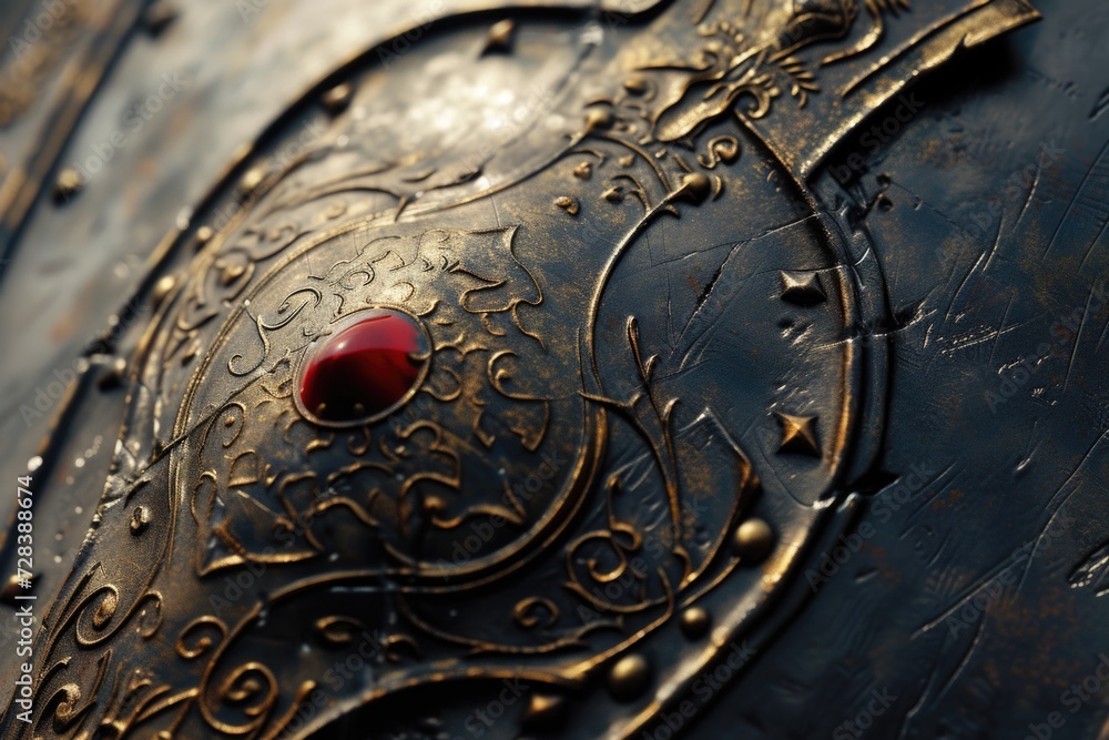 Aufkleber A close up view of a metal shield with a red button. This image can be used to depict security, protection, or a call to action