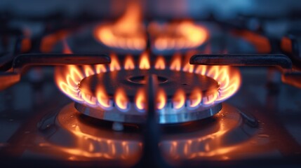 A detailed close up view of a gas burner on a stove. Perfect for illustrating cooking, kitchen appliances, or home cooking concepts