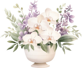 watercolor illustration centerpiece floral arrangement with lavender purple and ivory anorchids and green leaves in white classic vase on transparent background. wedding flower bouquet ornament.