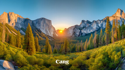 A photo of Yosemite Valley, with majestic granite cliffs as the background, during a golden sunset