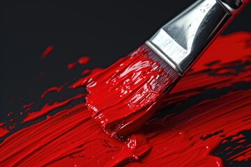 A paintbrush with red paint on a black surface. Ideal for artistic and creative projects
