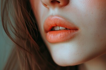 A close-up shot of a woman's face showcasing her vibrant orange lipstick. This image can be used to promote beauty products or to add a pop of color to any design