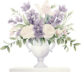 watercolor illustration centerpiece floral arrangement with lavender orchids and ivory roses and green leaves in white classic vase on transparent background. wedding flower bouquet ornament.

