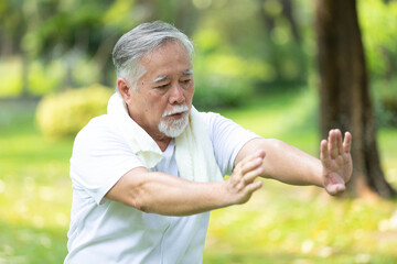 asian senior man workout and practice tai chi in the park