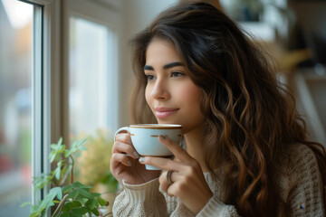 Smiling woman with wavy hair enjoys a warm cup by the window, the light casting a gentle glow on her face.