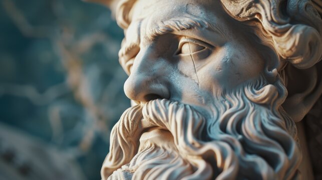 A detailed view of a statue depicting a man with a beard. This image can be used to represent wisdom, masculinity, or historical figures