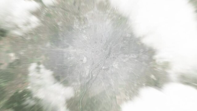 Earth zoom in from space to Munich, Germany. Followed by zoom out through clouds and atmosphere into space. Satellite view. Travel intro. Images from NASA