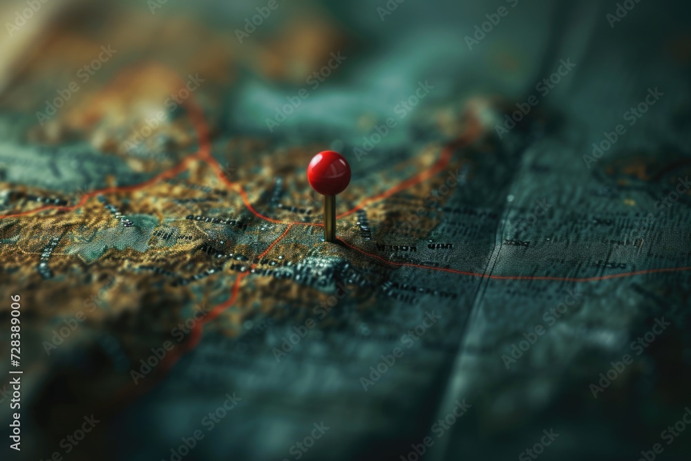 Poster A map with a red pin indicating a specific location. Ideal for travel, navigation, or finding directions