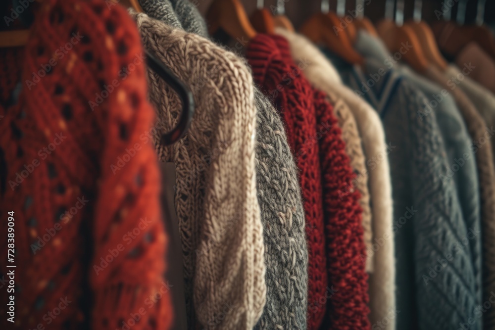 Poster sweaters hanging neatly on a rack. perfect for showcasing a variety of colors and styles. ideal for 