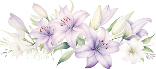 Fototapeta na wymiar watercolor illustration decorative arrangement of flowers with ivory and purple lilies, cream academia. green leaves and stem on transparent background. wedding flower bouquet ornament.