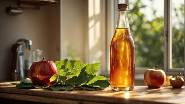 Bottle of apple cider vinegar on the kitchen table