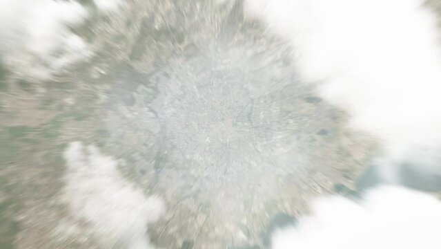Earth zoom in from space to Montpellier, France. Followed by zoom out through clouds and atmosphere into space. Satellite view. Travel intro. Images from NASA