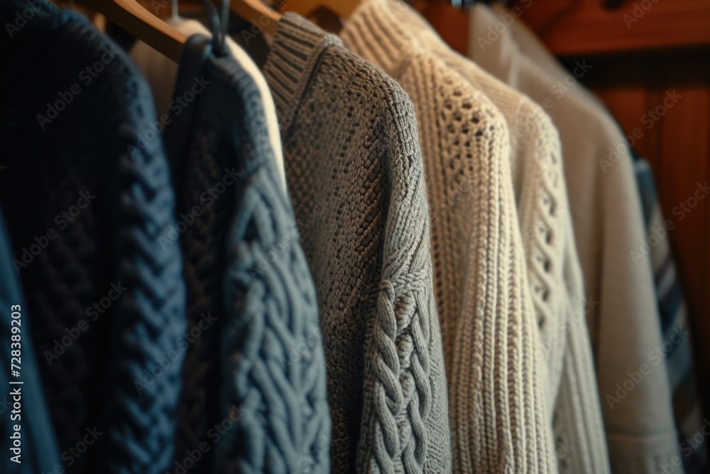 Poster a row of sweaters hanging on a rack. perfect for showcasing different styles and colors of sweaters.