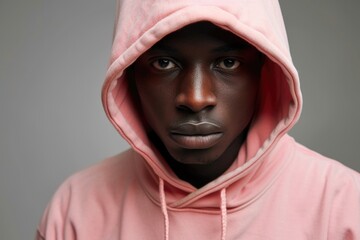 A man wearing a pink hoodie looking directly at the camera. Perfect for fashion, urban, or lifestyle themes