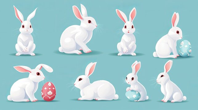Vector image of white Easter bunny bunnies in various stances with pastel Easter eggs.