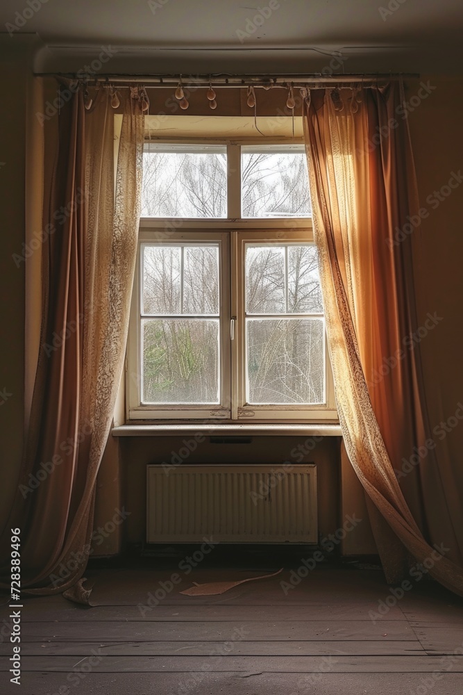 Poster A window with curtains and a radiator in front of it. Perfect for home interior designs and heating concepts