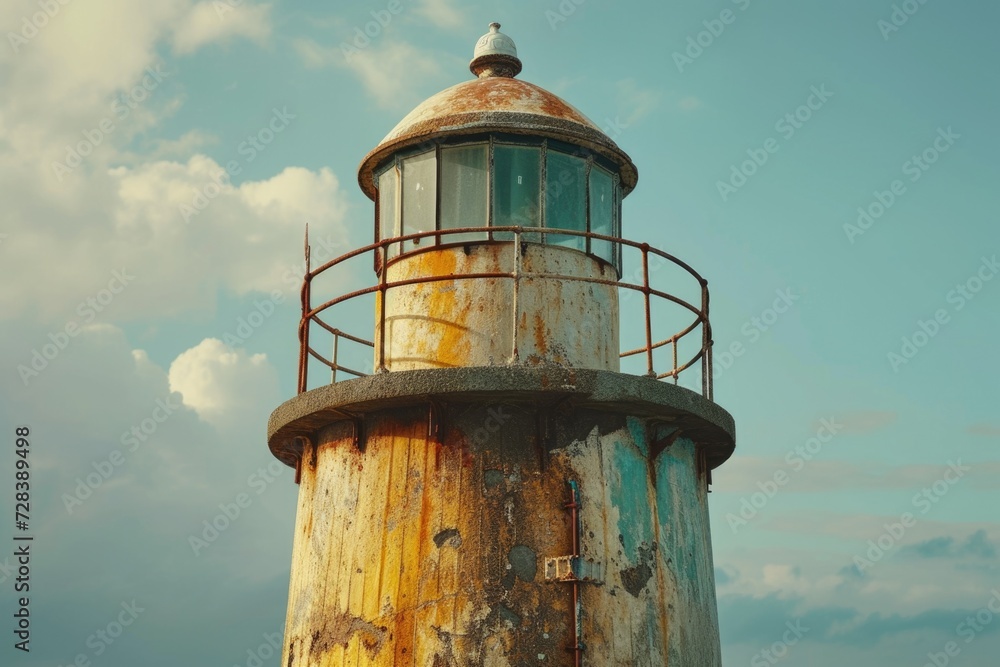 Poster a picture of a rusted lighthouse tower with a cloudy sky in the background. suitable for various use