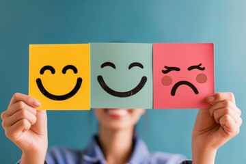 Happy Smiley Emoji tenderness Emoticon, colored Symbol response. Smiling face service responsiveness. Joyfull solace big smile. logical fallacy client rating and customer feedback - obrazy, fototapety, plakaty
