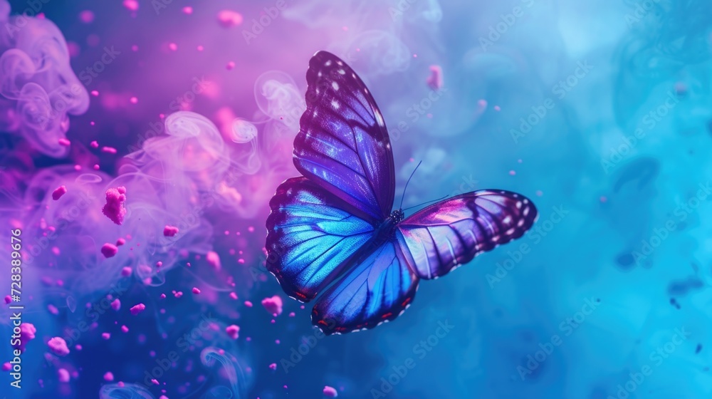 Poster a beautiful blue butterfly gracefully flying through the air. perfect for adding a touch of nature a