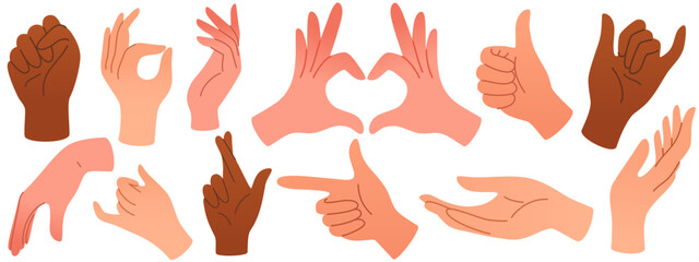 Fototapeta premium Set of hands in doodle style human arms. Vector different man woman hands showing peace sign, heart, thumbup isolated on the white background