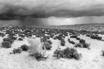 scenic desert landscape near Page in Arizona with dark clouds in background, bad weather forecast