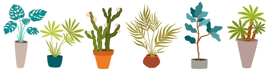 Urban jungle, trendy home decor with plants, cacti, tropical leaves in stylish planters and pots. Vector hand draw illustration