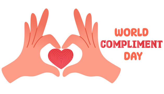 World Compliment Day, held on 1 March. Hand with heart, greeting card, banner. Hand draw vector illustrations
