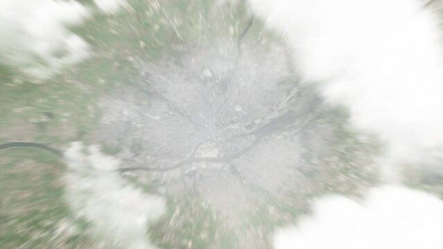 Earth zoom in from space to Nantes, France. Followed by zoom out through clouds and atmosphere into space. Satellite view. Travel intro. Images from NASA