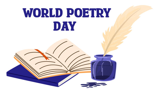 World Poetry Day, 21 March. Books and feather plume for immersion in ink. Banner of world poetry day good for world poetry day celebration. Flat design. flyer Design. Hand draw vector illustration. - Powered by Adobe
