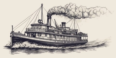 A drawing of a steamboat boat with smoke coming out of it. Can be used to depict transportation, travel, or historical themes