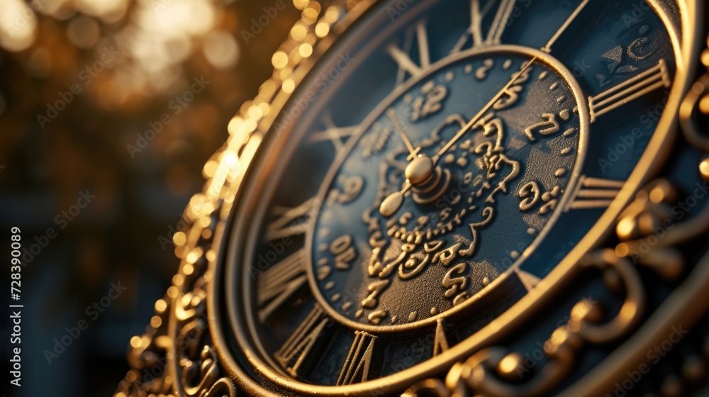 Poster A close up shot of a clock mounted on a pole. Can be used to symbolize the passage of time or to indicate a specific time or deadline
