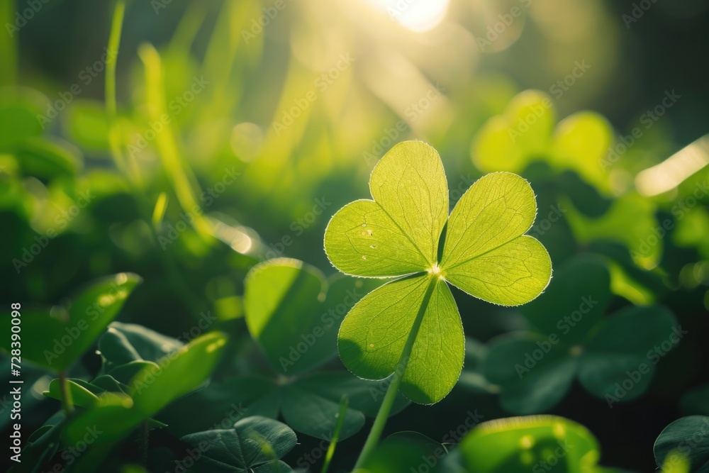 Poster A picture of a four leaf clover in the middle of a field. Suitable for nature-related projects and designs