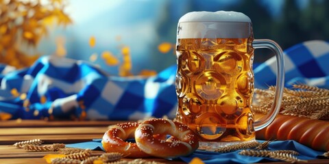A mug of beer and pretzels placed on a table. Suitable for food and beverage related projects