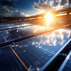 Słońce padające na panele fotowoltaiczne, odnawialne źródła czystej energii  - obrazy, fototapety, plakaty