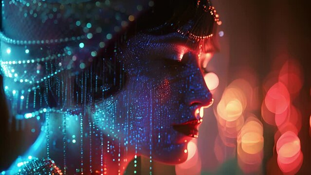 A holographic portrait of a flapper girl from the 1920s her image captured in a dazzling display of holographic technology.