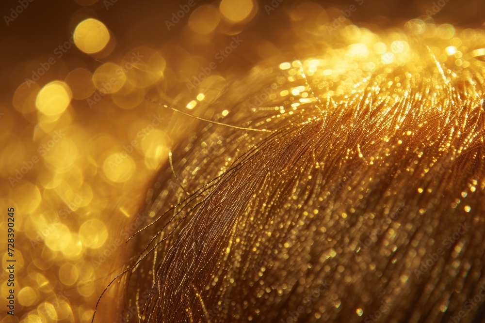Poster close up of a woman's hair with gold sparkles. perfect for adding a touch of glamour and sparkle to 