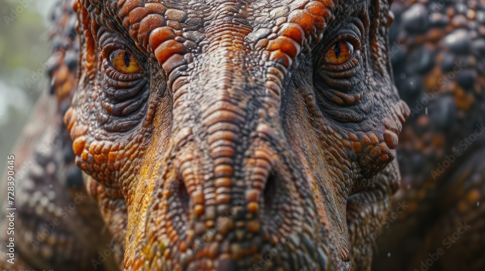 Poster a close-up view of a dinosaur's face with a blurry background. this image can be used for educationa