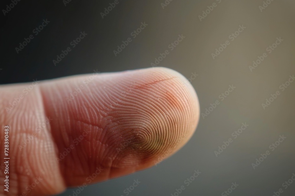 Aufkleber A close-up image of a finger with a small fingerprint. This picture can be used to illustrate concepts related to identity, security, biometrics, or personalization
