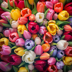 Bukiet kolorowych tulipanów. Kartka na dzień kobiet 8 marca. Piękny bukiet kwiatów na prezent. - obrazy, fototapety, plakaty