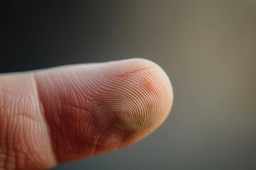 A close-up image of a finger with a small fingerprint. This picture can be used to illustrate concepts related to identity, security, biometrics, or personalization