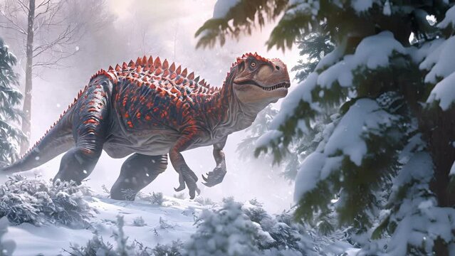 A Carnotaurus hunting for food in a snowy forest its red scales standing out against the white landscape.