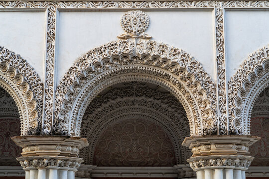 Detail view of beautiful ancient white stucco decor at historic rajbari or zamindar palace, Muktagacha, Mymensingh division, Bangladesh