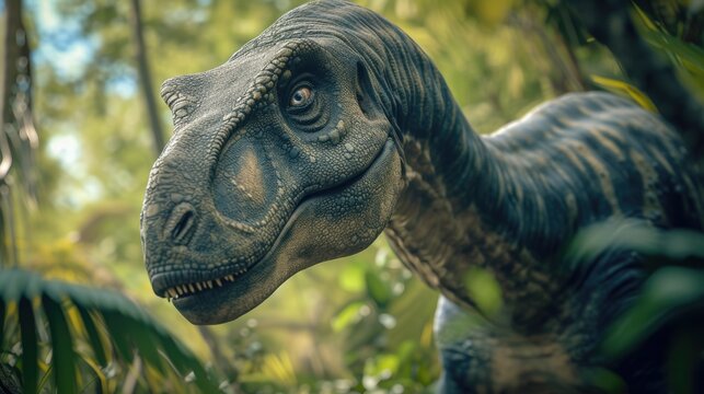 A detailed close-up image of a dinosaur in a lush forest. This picture can be used to depict prehistoric creatures, nature, or educational materials