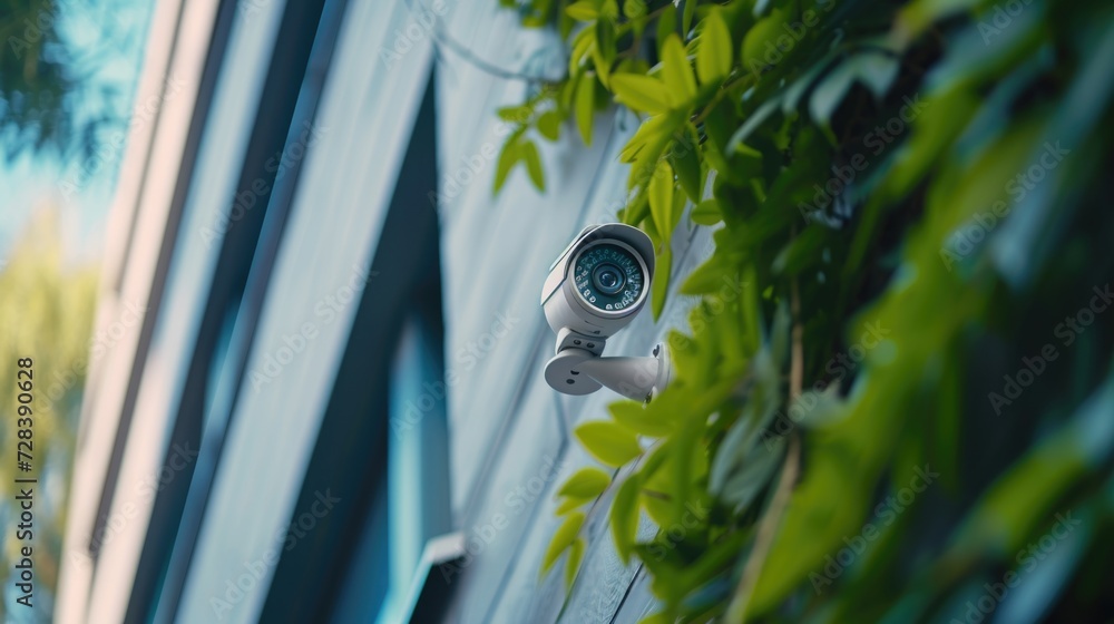 Poster a security camera mounted on the side of a building. can be used for surveillance and monitoring pur