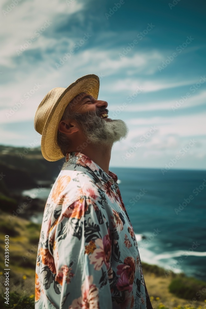 Poster a man with a beard wearing a hat. perfect for various applications