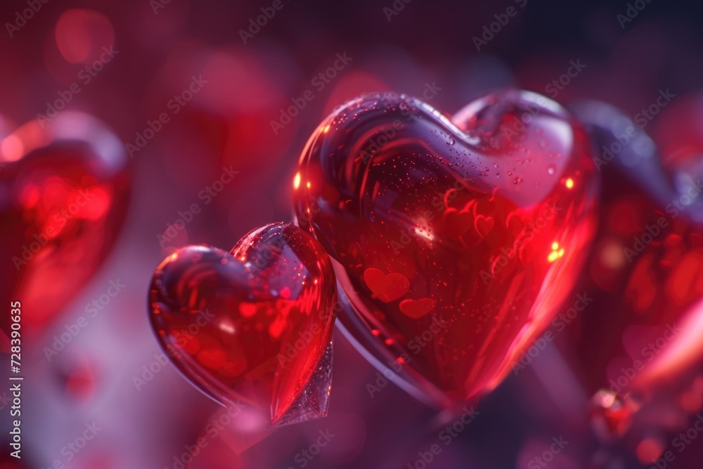 Poster a vibrant collection of red hearts suspended in the air. ideal for expressing love and affection in 